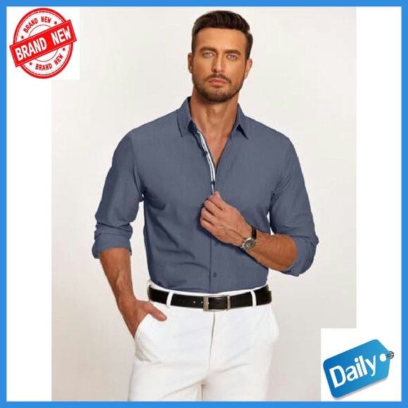 Men's Stretch Denim Button Down Shirt Long Sleeve Casual Dress
